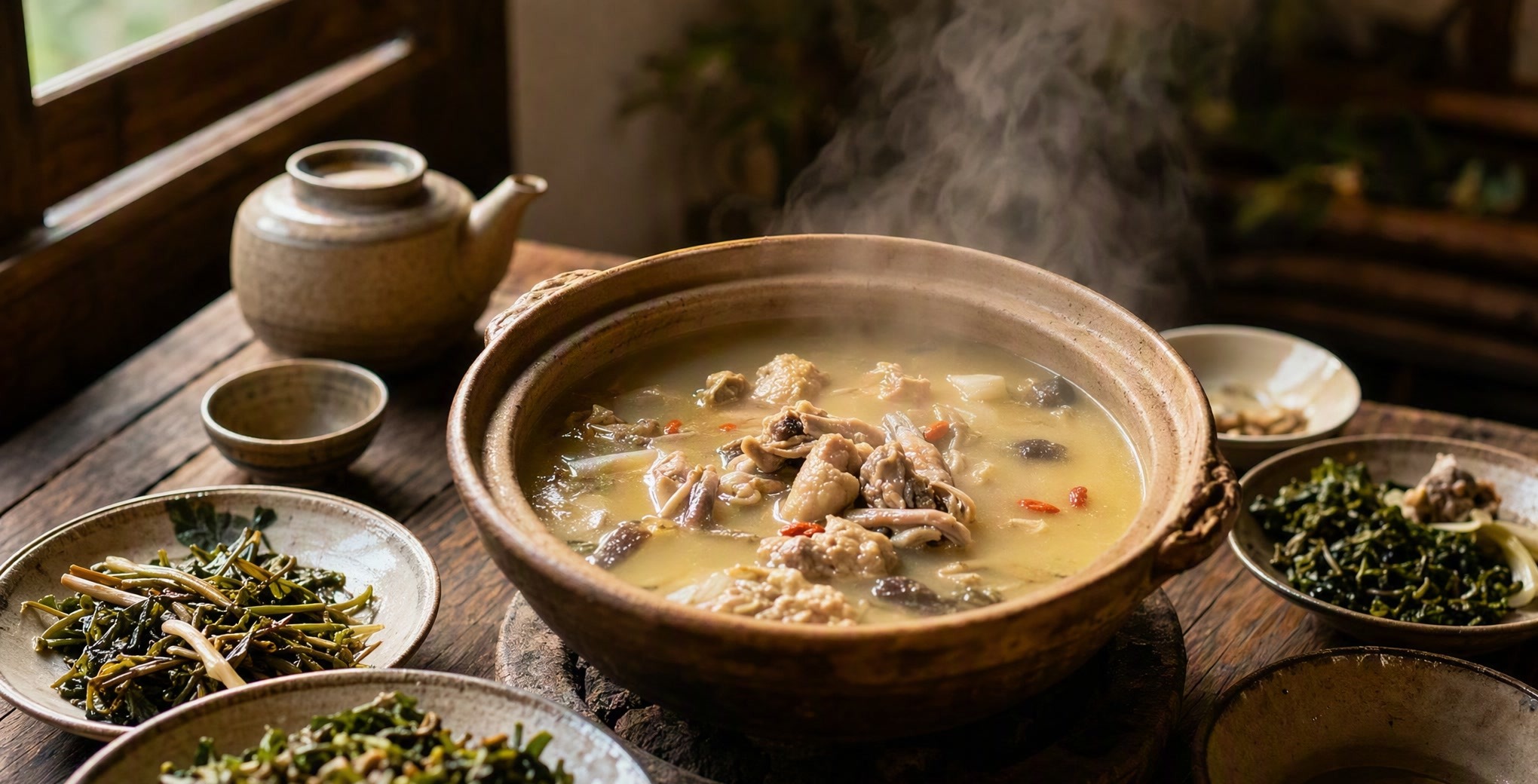热气腾腾的云南汽锅鸡与小菜